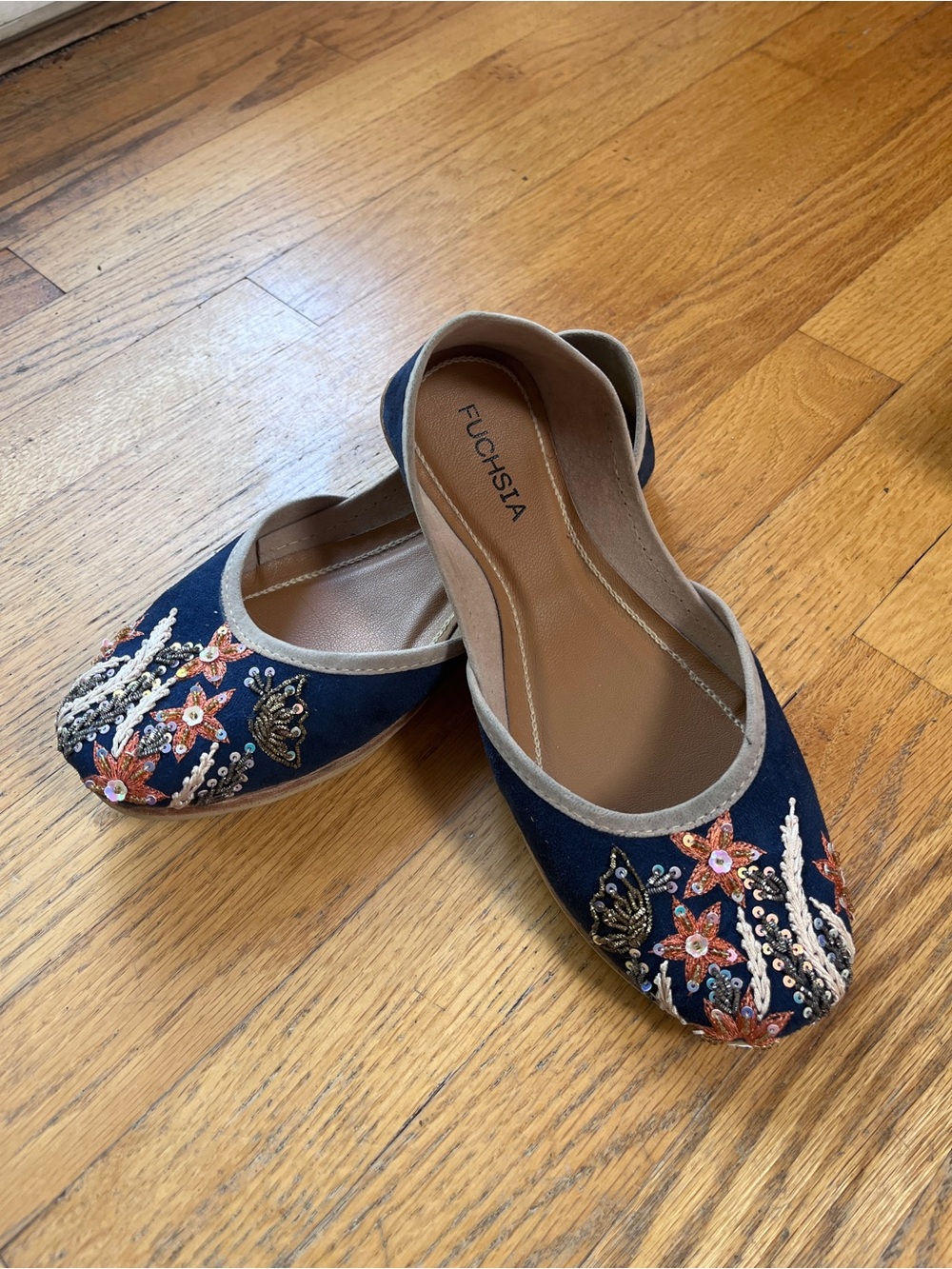 Fuchsia Gorgeous Navy Embroidered Floral Women’s Flats